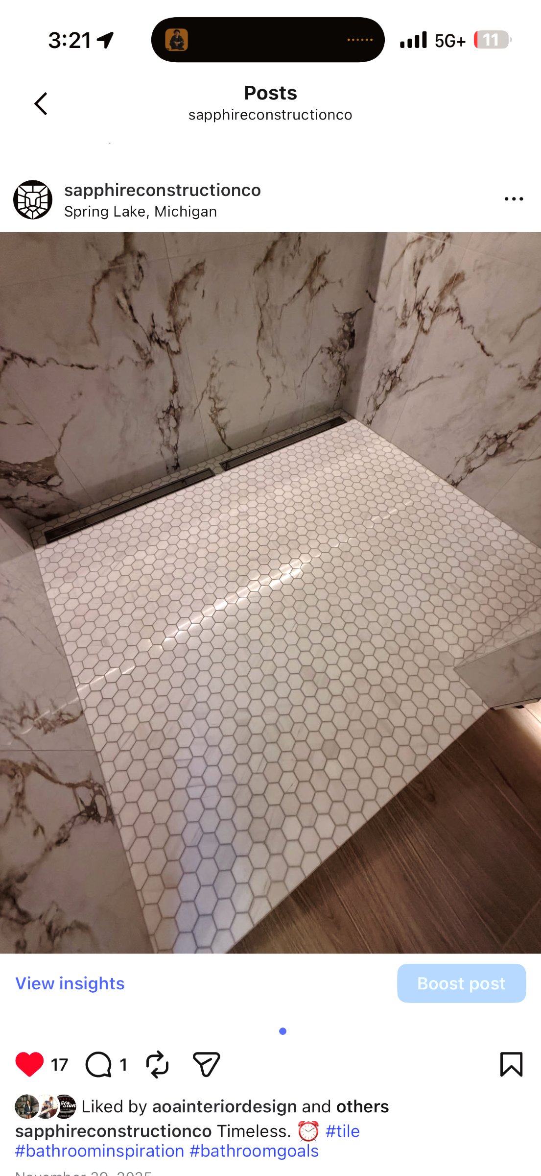 Custom tile detail — marble cuts meeting flush at corner transitions