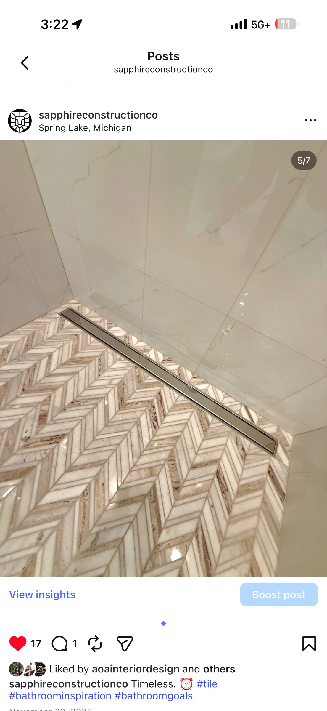 Shower tile surround — full waterproofing membrane with precision stone layout